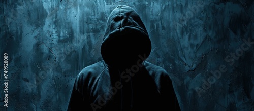 A mysterious hacker man in the hoodie in front of dark concrete background. Generated AI photo