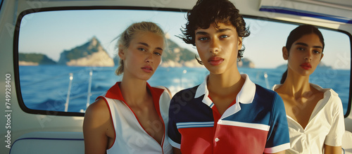Genderless models dress in polo shirts with an attitude, in private boat. photo