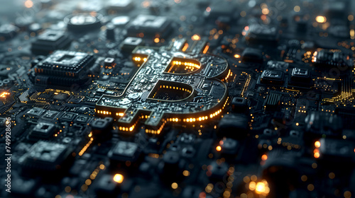 Bitcoin Circuit Board Pattern, Digital Background for Finance and Technology Concept. Futuristic Innovative Cryptocurrency blockchain in dark theme.