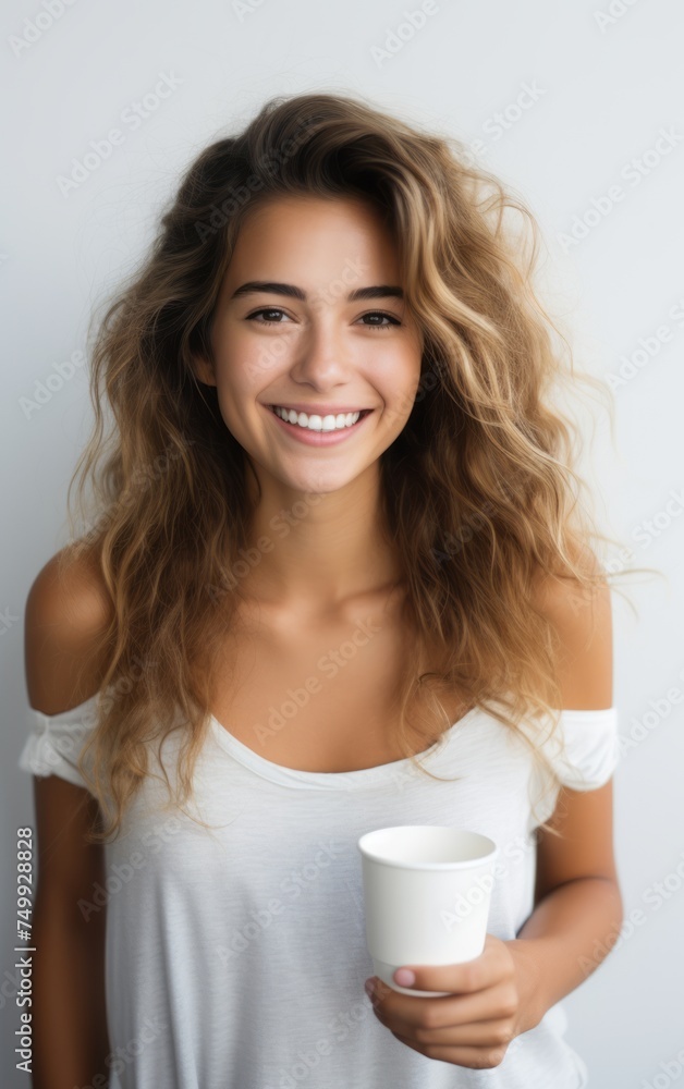 Portrait of a girl standing isolated over white background, drinking takeaway coffee. Portrait of a girl standing isolated over white background, drinking takeaway coffee.