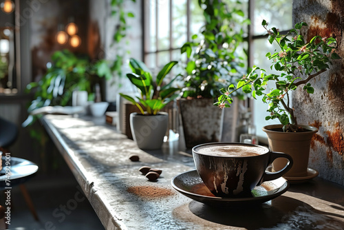 Delicious hot chocolate in a mug standing on the windowsill with potted plants in rustic interior.