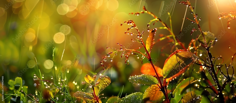 Early Morning Dew Glistening on Fresh Green Foliage at Sunrise