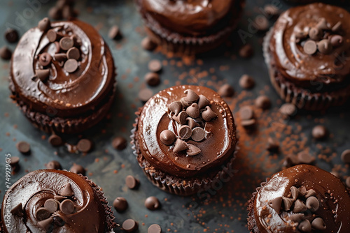 Mini chocolate cakes with chocolate icing, selective focus