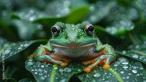 Green Frog Spotted Peaking Through Leaves in Relaxing Pond