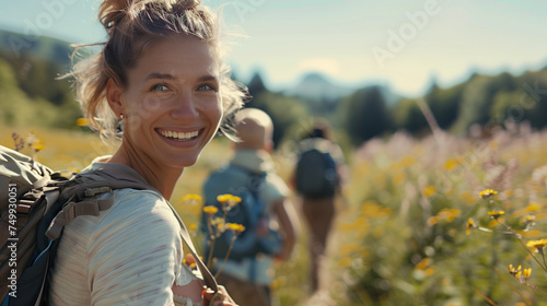 Smiling woman hiking in sunny wildflower field with companions.