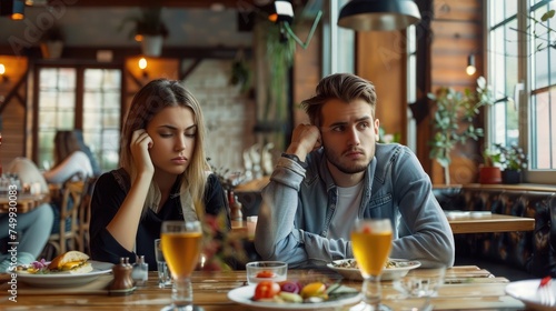 Young guy feeling bored on dull date at restaurant, disappointed in his partner. Millennial couple having disagreement, cannot find common grounds. Relationship problem concept photo