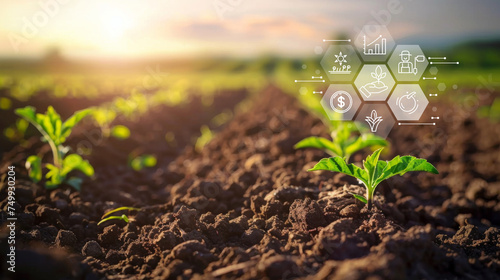 small plant sprouting from fertile soil with icons representing agricultural technology and investment at sunset. photo