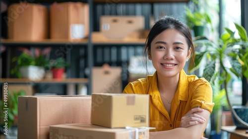 Portrait young attractive asia female owner startup business look at camera work happy with box at home prepare parcel delivery in sme supply chain, procurement, omnichannel commerce online concept. © buraratn