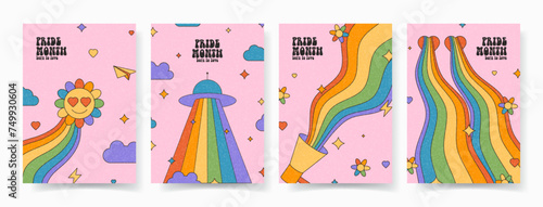 Set of groovy posters for Pride Month. Vector flyers with retro rainbow flag colored elements. Symbols of Pride Month with LGBTQ Flag Colours. Gay parade groovy celebration. Vector illustration. photo