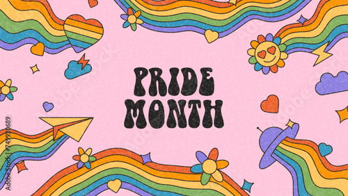 Groovy banner for Pride Month. Vector background with retro rainbow flag colored elements. Symbols of Pride Month with LGBTQ Flag Colours. Gay parade groovy celebration. Vector illustration.