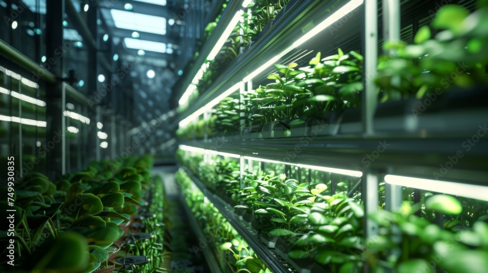 Modern indoor vertical farm showcasing rows of lush green plants growing hydroponically under artificial lighting.