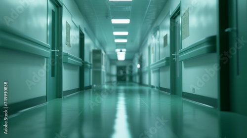 An empty  green-toned hospital corridor with a contemporary design  reflecting cleanliness and order.