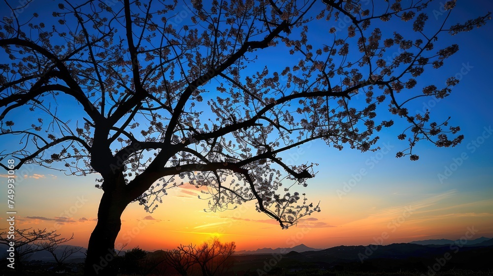 Blossoming tree at sunset. Generative AI