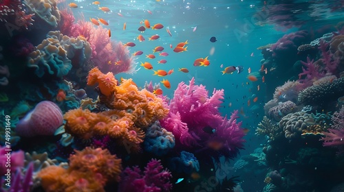 Showcase the vibrant colors of a coral reef bustling with marine life