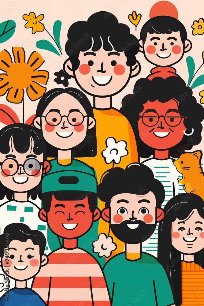 Happe group of people, cute illustration, Generative AI