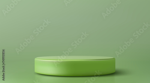 Green single stage podium on abstract background, fashionable bright stage in the green room.