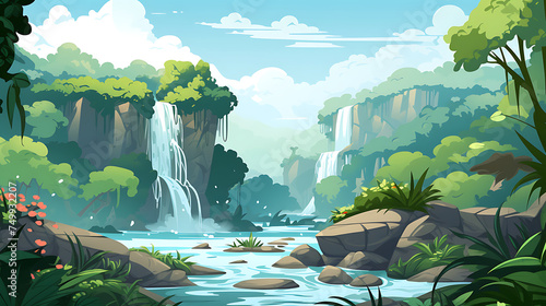 A vector image of a waterfall in a lush environment.