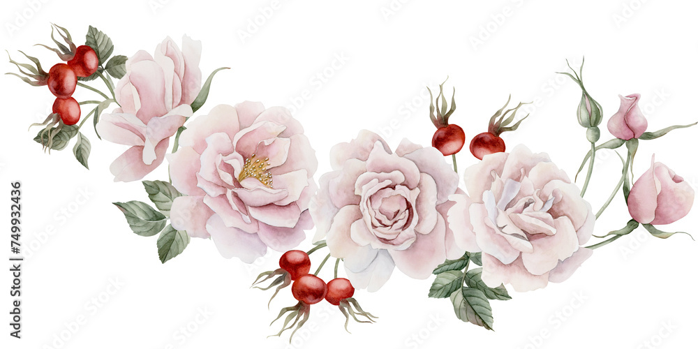 Horizontal seamless border of pink rose hip flowers, buds, leaves and berries. Victorian style rose. Floral watercolor illustration hand painted isolated on white background. 