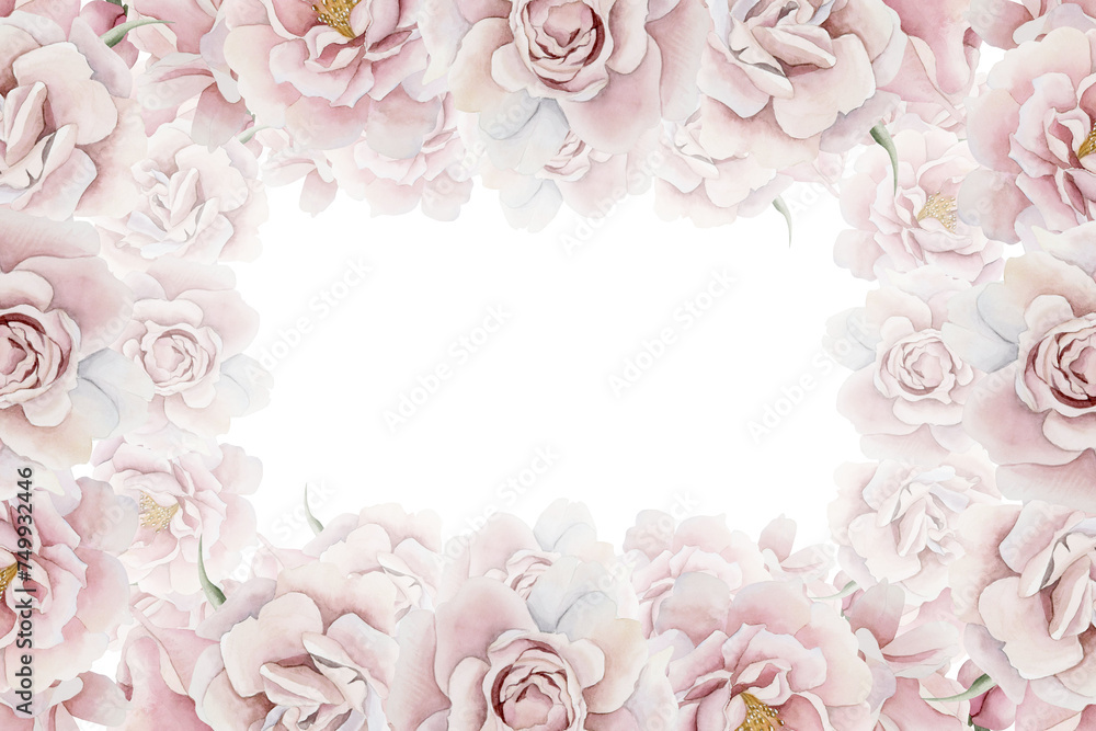 Horizontal frame of pink rose hip flowers. Victorian style. Floral watercolor illustration