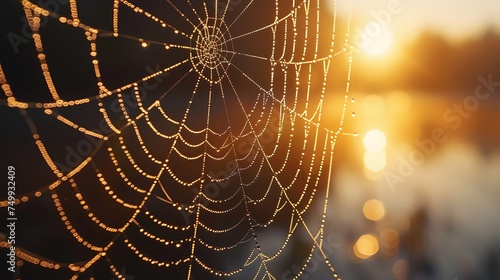 Showcase the beauty of a dew-covered spider web at dawn