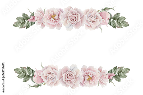 Horizontal frame of pink rose hip flowers with leaves, Victorian style. Floral watercolor illustration