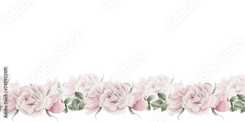 Horizontal seamless border of pink rose hip flowers with leaves. Victorian style. Floral watercolor illustration