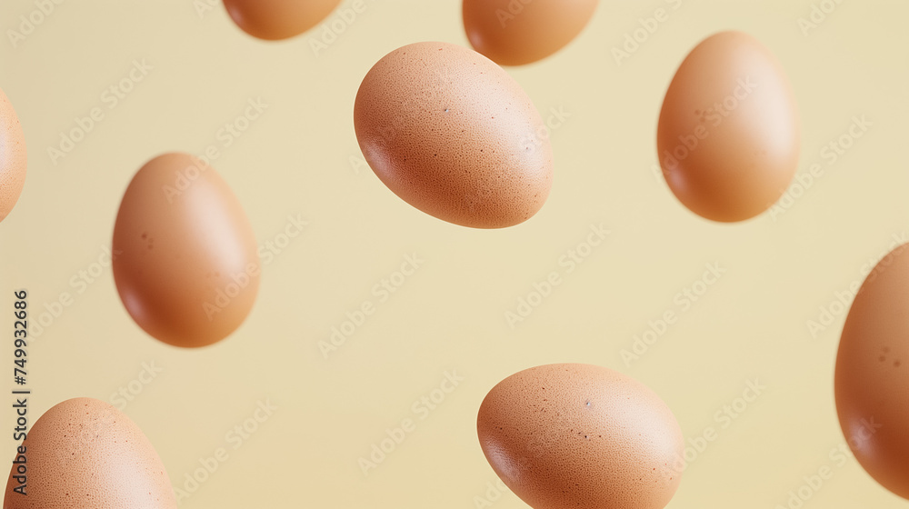 Brown Eggs Floating on Warm Yellow Background Brown Eggs Floating on Warm Yellow Background