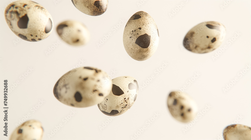 Spotted Quail Eggs Floating on Neutral Background Spotted Quail Eggs Floating on Neutral Background