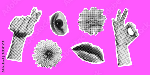 Vector spring set of retro halftone flowers, hands, lips and eye. Halftone collage floral elements. Torn paper. Trendy pop collection. Paper cutout human parts and flowers on pink background.