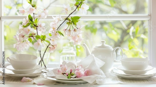 A serene springtime tea setting with blossoming flowers and white tableware.