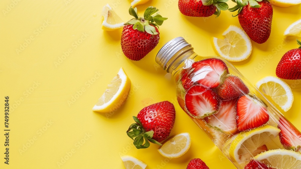 A refreshing bottle of water infused with fresh strawberries and lemon slices on a yellow background. A refreshing bottle of water infused with fresh strawberries and lemon slices on a yellow background.