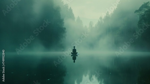 A person in meditation by a calm lake in a serene  foggy forest  evoking peace and tranquility.