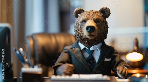 A beguiling bear artifact attired in office wear, fusing the practicality of professional life with imaginative amusement, ideal for office space decoration.