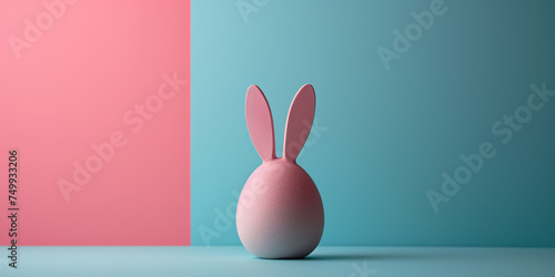 Stylish minimalistic Easter composition with chicken egg with hare ears, on pink and blue background Lots of negative space for text. Copy space.