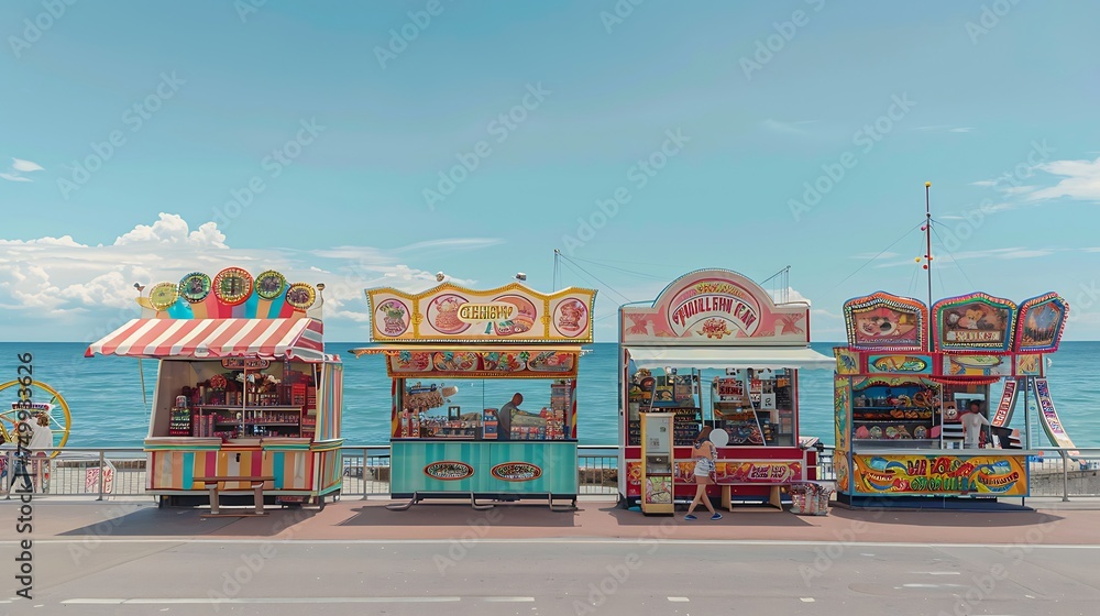 Seaside carnival with rides, games, and cotton candy stands, with copy space