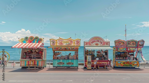 Seaside carnival with rides  games  and cotton candy stands  with copy space