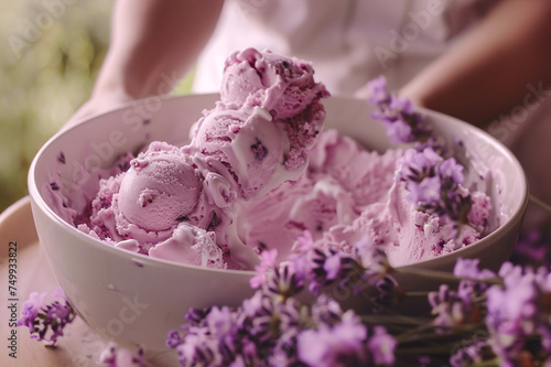 Hand-churns artisanal lavender-infused ice cream, scent of blossoms in the air, sweet memories created in the summer.