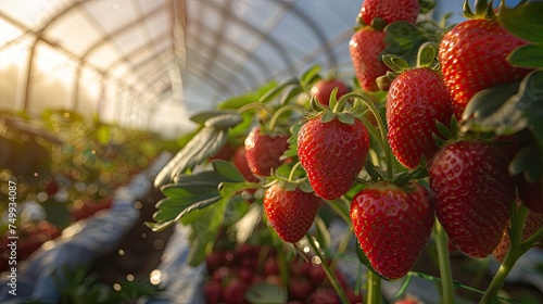 Strawberry farm scene. Generative AI