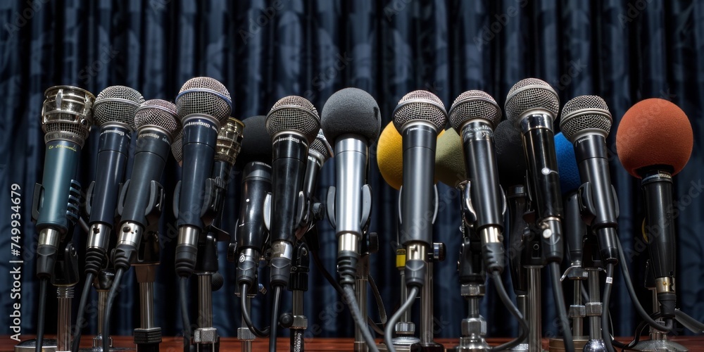 A podium set for a press briefing garnished with an assortment of broadcast microphones. - obrazy, fototapety, plakaty 