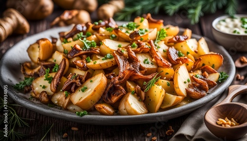 Fried potatoes with chanterelle mushrooms. 