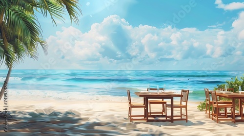 Seaside cafe with tables set up on the sand, with copy space