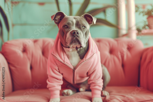 Cute American Bully dog posing in a vintage-style apartment photo
