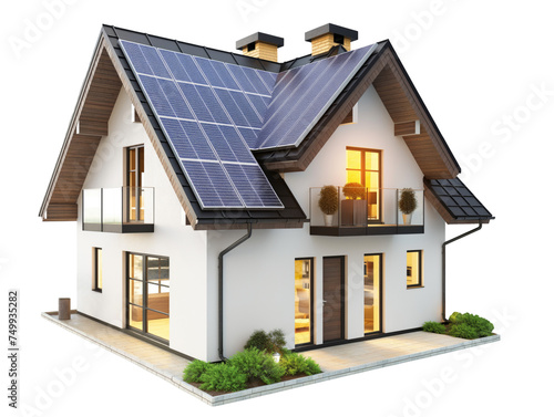 Modern house with solar panels in the roof isolated on transparent background.