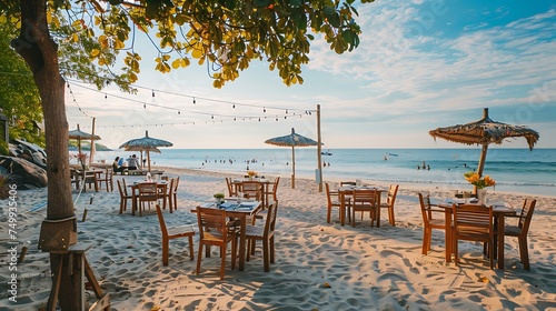 Seaside cafe with tables set up on the sand  with copy space