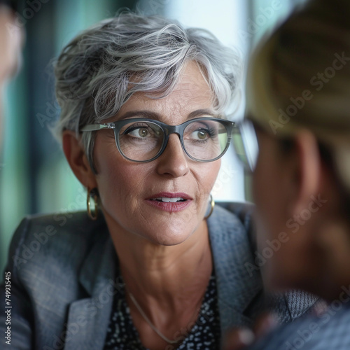 Middle aged professional business woman executive HR manager having job interview or business discussion in corporate office meeting 