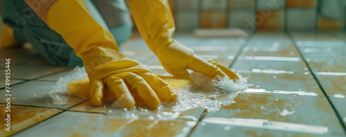 A woman's hands in rubber yellow gloves are cleaned using detergents. House cleaning concept.
