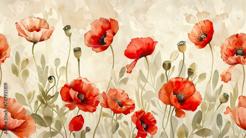 Watercolor illustration of red poppies in the field.