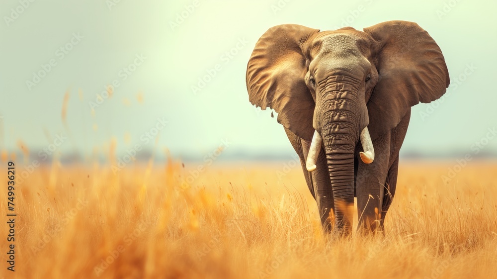 A lone elephant stands tall amidst the golden savannah grasses