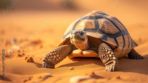 A solitary tortoise traverses the golden sands of a serene desert photo