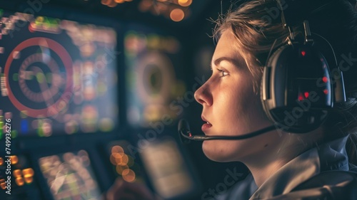 An attentive female air traffic controller monitors flight data in a dimly lit control room photo